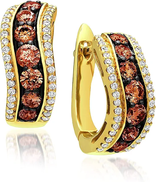 LE VIAN 1 1/5 Carat White and Chocolate Diamond Wavy Three Row Hoop Earrings for Women in 14k Yellow Gold