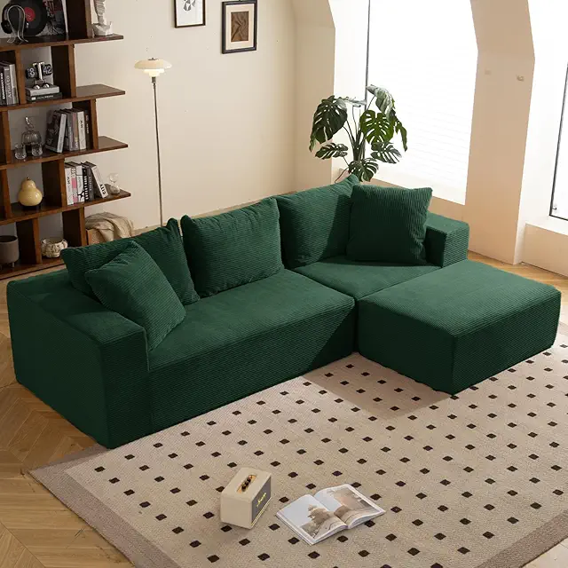 108" L-Shaped Boneless Couch, Modular Sectional Sofa with Moveable Ottoman, Corduroy Cloud Couches for Living Room